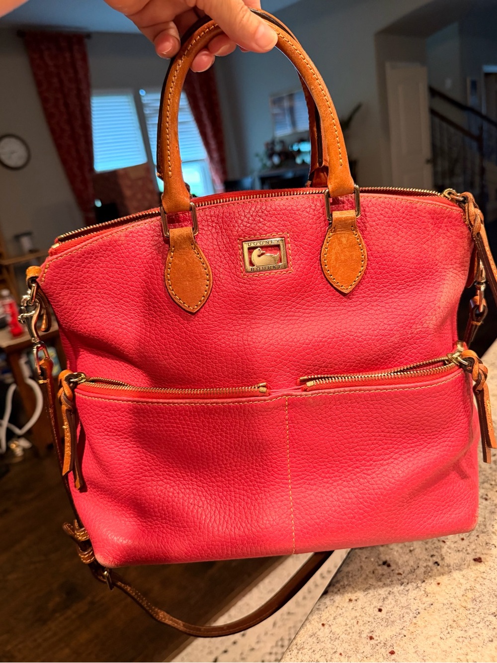 Dooney & Bourke Pink Pebble Leather Tote with Tan Trim